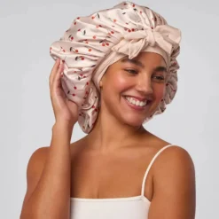 Adjustable Oversized Satin Bonnet Cherry Print