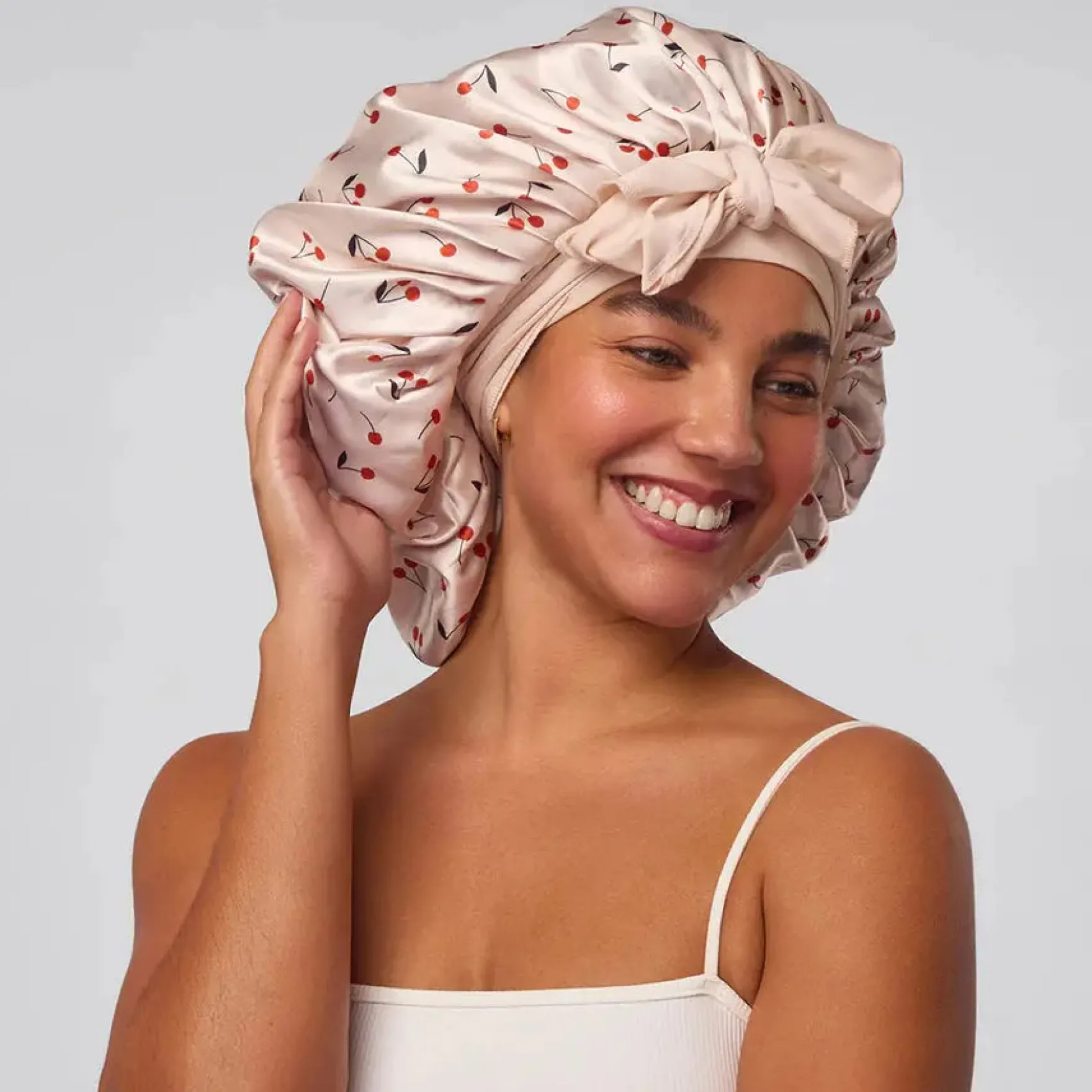 Adjustable Oversized Satin Bonnet Cherry Print