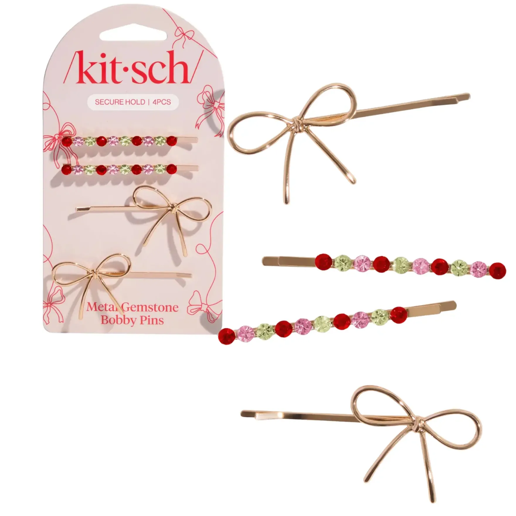 Holiday Metal Gemstone & Bow Bobby Pins