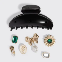 KitschPop Charms & Curved Claw Clip Set Vintage Black