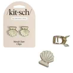 Metal Clam Shell Hair Clip 2pc Set Gold & Pearlized Cream
