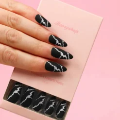 Press On French Nails Black Marble