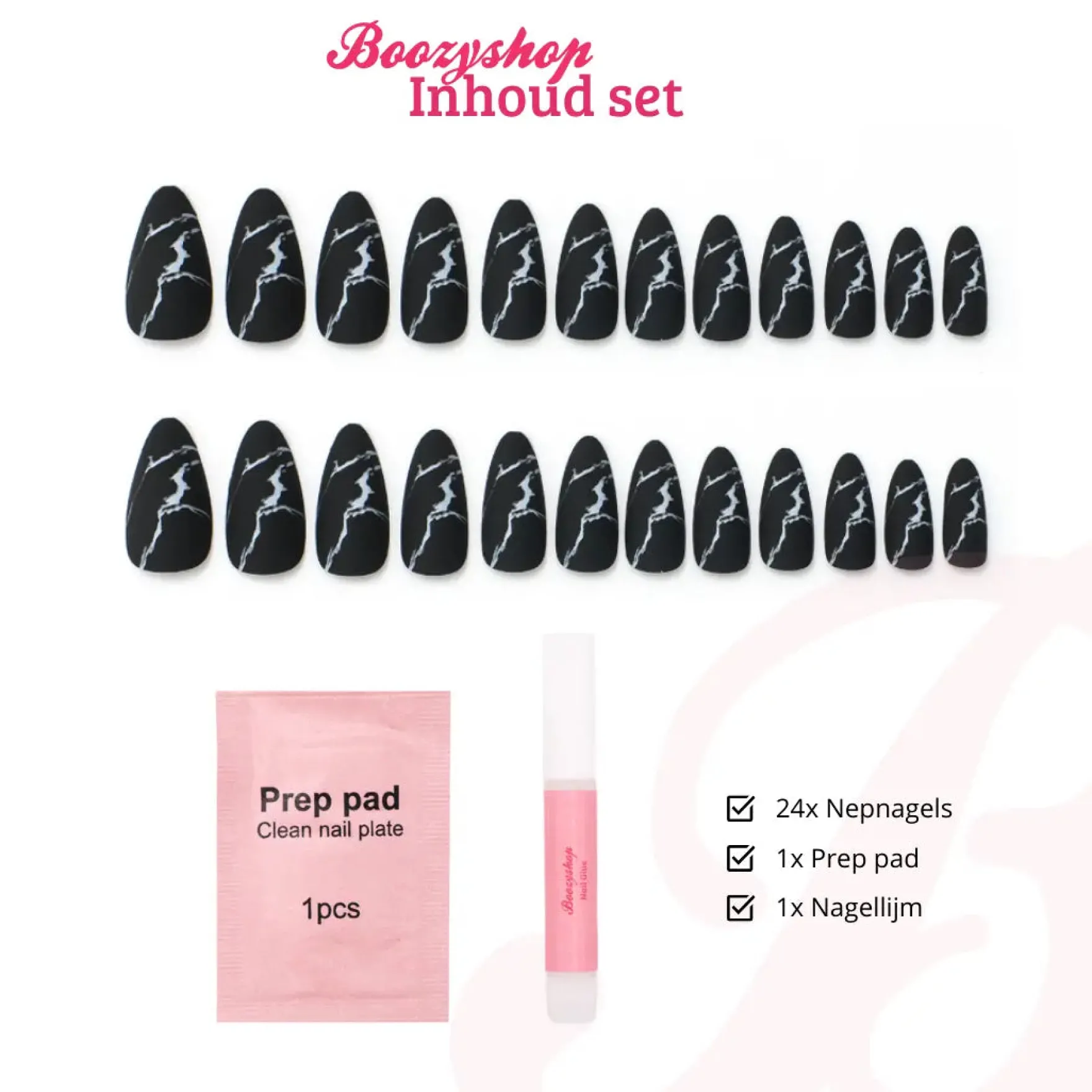 Press On French Nails Black Marble