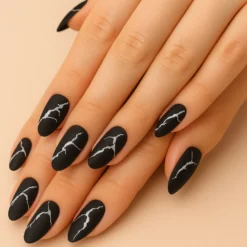 Press On French Nails Black Marble