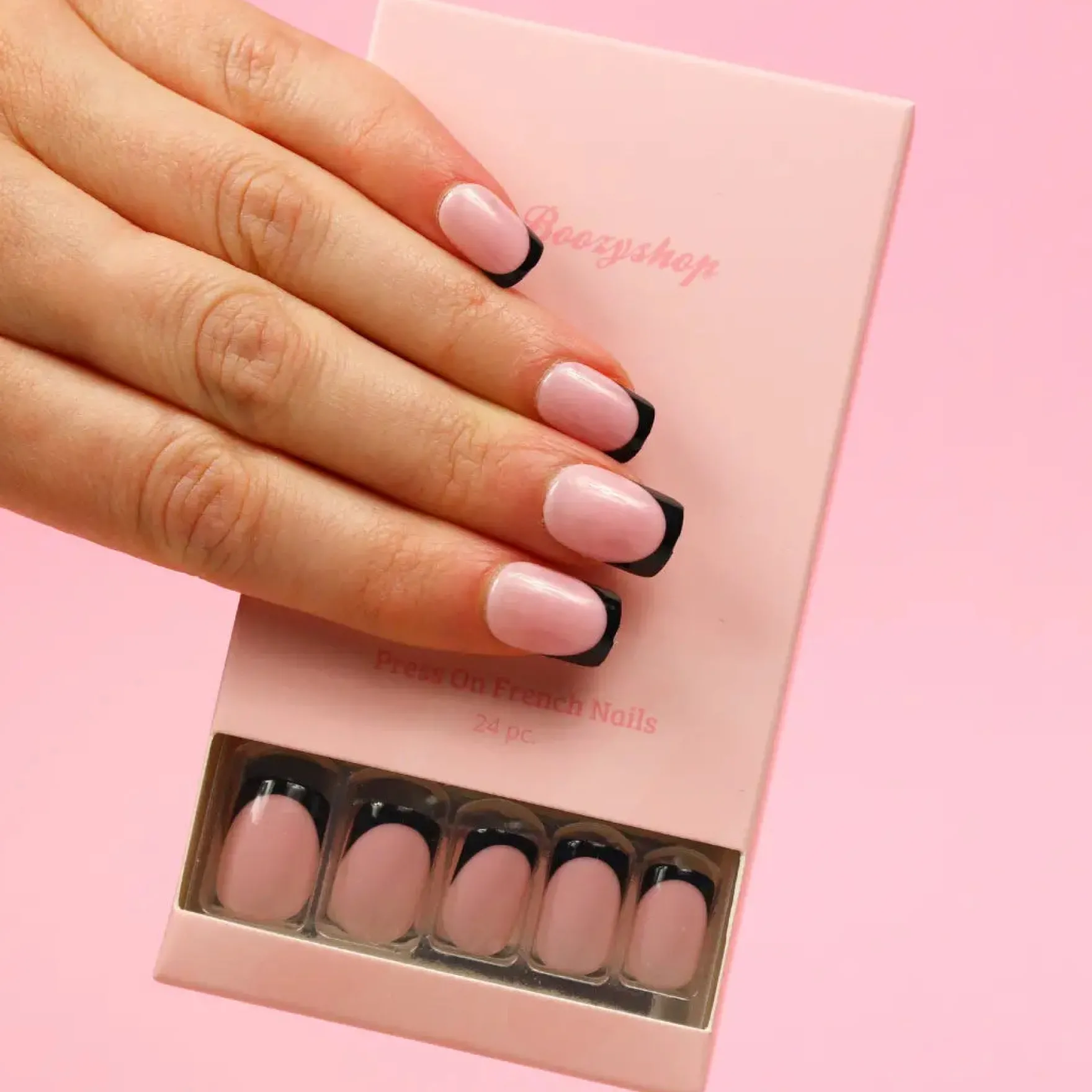 Press On French Nails Black / Pink
